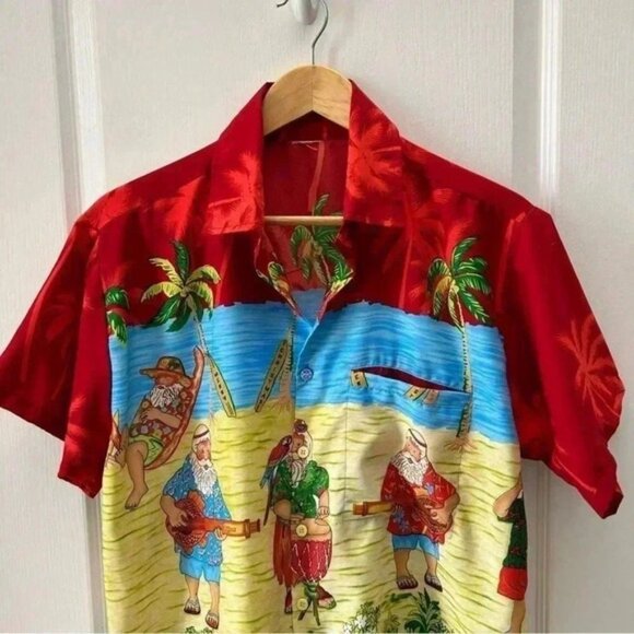 Rima Mens Hawaiian Santa Shirt Short Sleeve Button Front Red Blue Yellow Medium - Picture 4 of 13